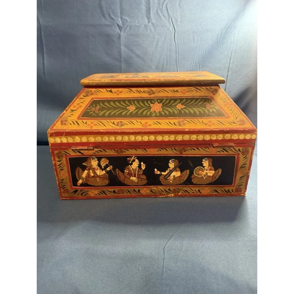 Vintage Anglo Raj Hand Painted Wooden Jewelry Box Indian Rajasthani Folk Art